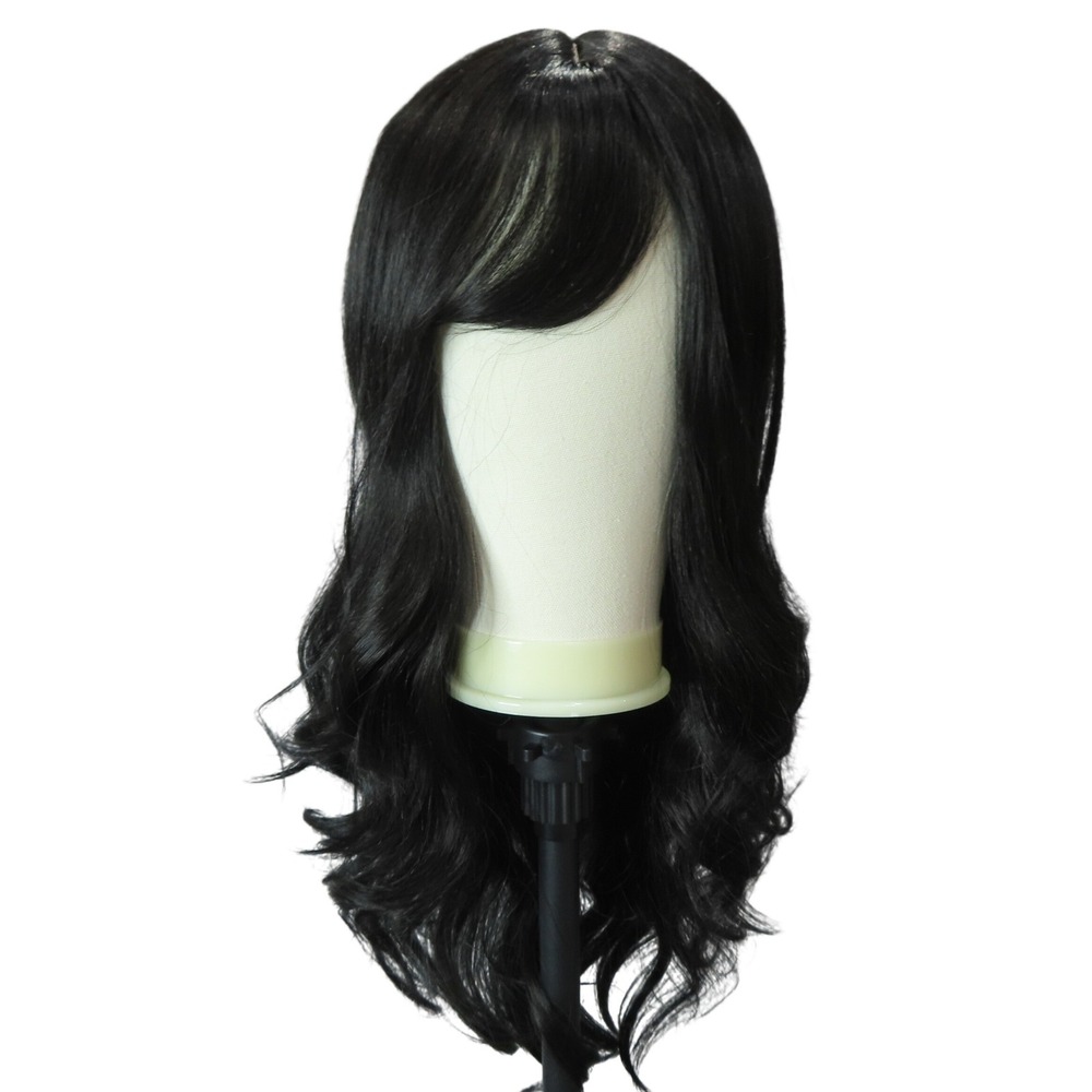 28" Black Long Body Wave Wig Side Bangs Wavy Synthetic Heat Resistant